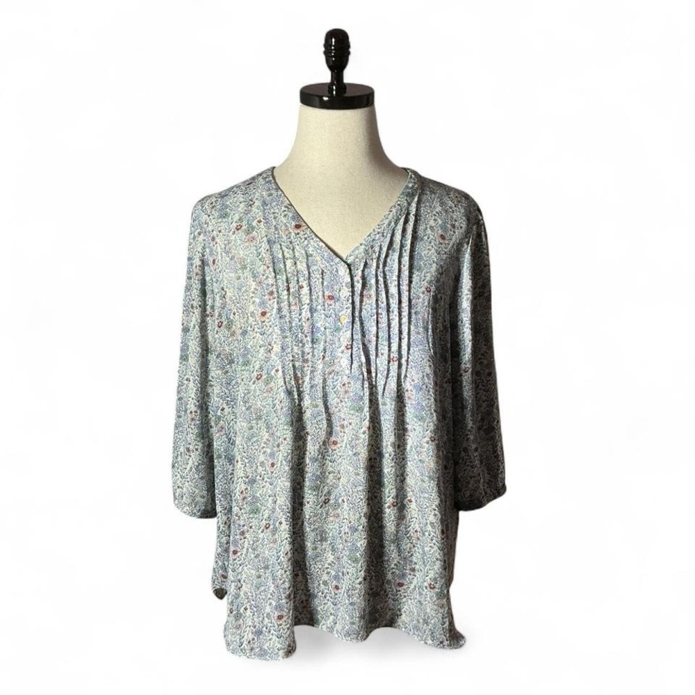 Rose Olive Floral Print V Neck Pintuck Tunic Top Women's Plus Size 2X Boho‎